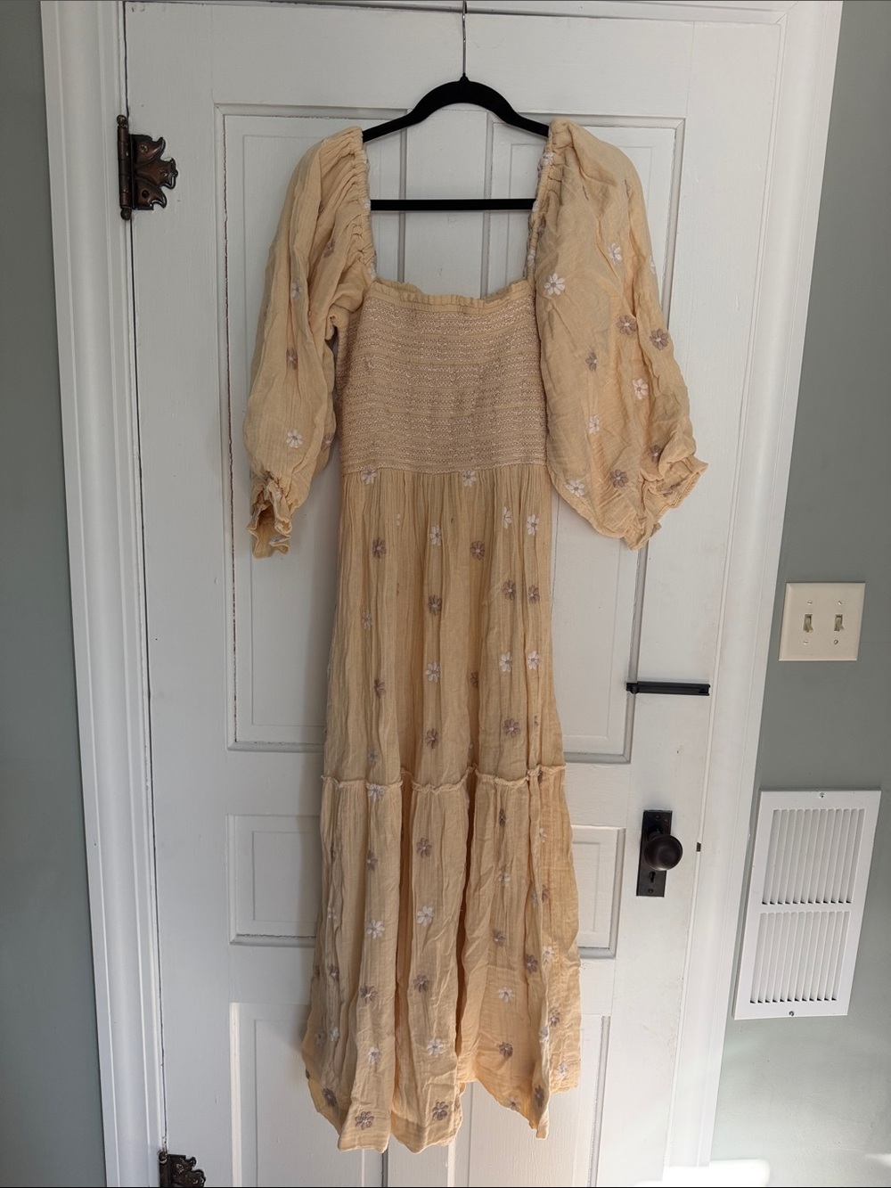 Smocked Square-Neck Midi Dress in Light Beige